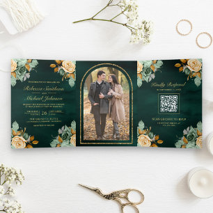 Emerald Cream Floral Gold QR Code Photo Wedding Tri-Fold Invitation