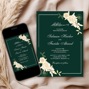Emerald Cream Floral Leaves Branch Muslim Wedding Invitation