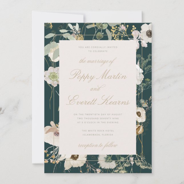 Emerald & Cream Floral Poppy Wedding Invitation (Front)