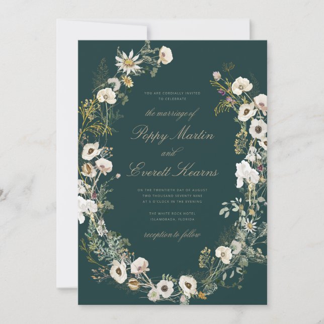 Emerald & Cream Floral Poppy Wedding Invitation (Front)