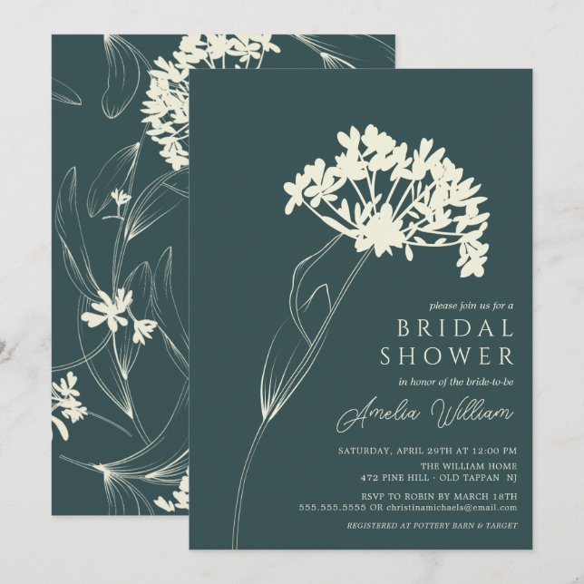 Emerald & Cream Modern Floral Bridal Shower Invitation (Front/Back)