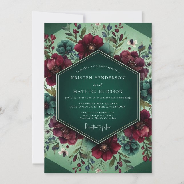Emerald Crimson Nocturne Wedding Invitation (Front)