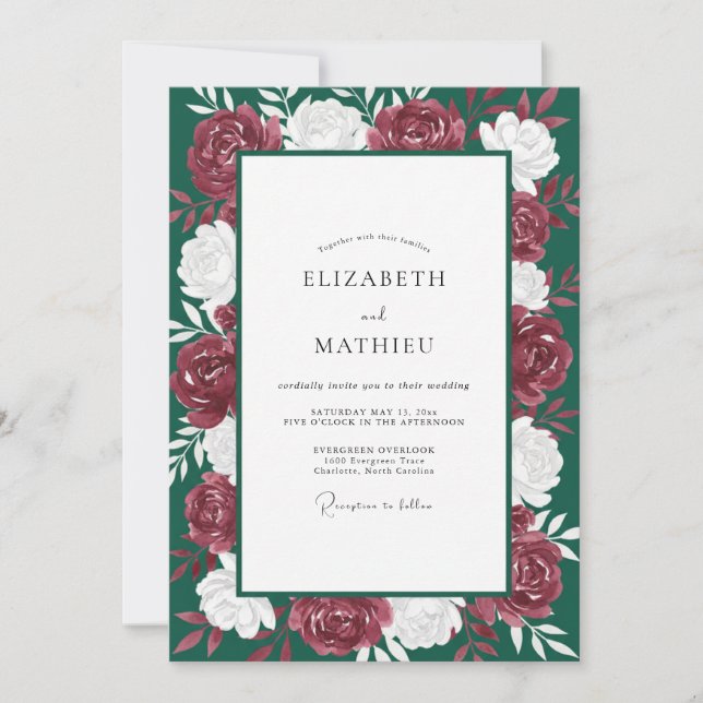 Emerald Crimson Peony Wedding Invitation (Front)