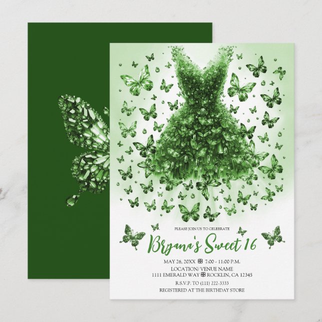 Emerald Crystal Butterfly Dress May Birthstone Invitation (Front/Back)
