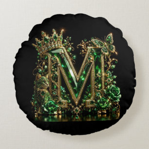 Emerald Crystal Letter M Royal Luxury Round Cushion