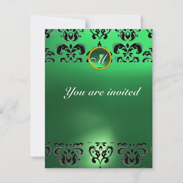 EMERALD DAMASK GEM STONE MONOGRAM green black Invitation (Front)