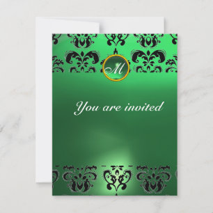 EMERALD DAMASK GEM STONE MONOGRAM green black Invitation