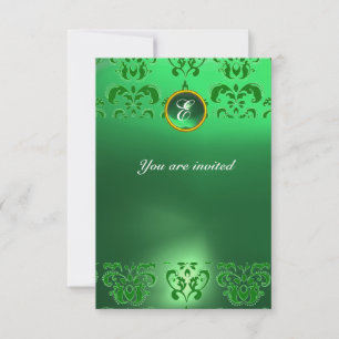 EMERALD DAMASK GEM STONE MONOGRAM green Invitation