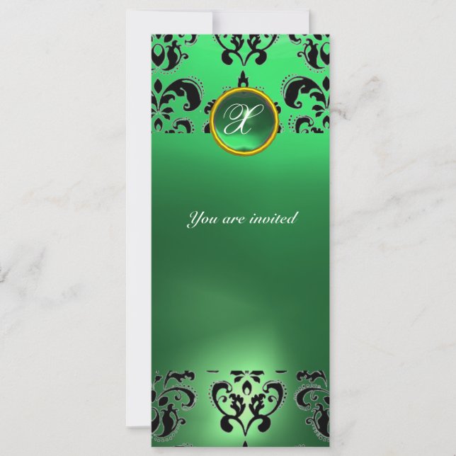 EMERALD DAMASK GEM STONE MONOGRAM green Invitation (Front)