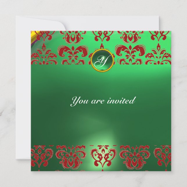 EMERALD DAMASK GEM STONE MONOGRAM green red Invitation (Front)