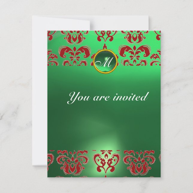 EMERALD DAMASK GEM STONE MONOGRAM green red Invitation (Front)