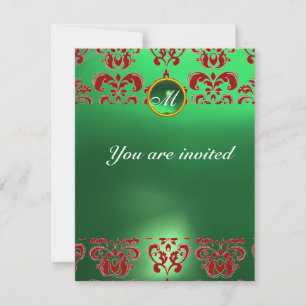 EMERALD DAMASK GEM STONE MONOGRAM green red Invitation