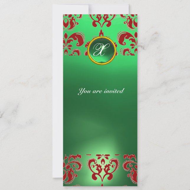 EMERALD DAMASK GEM STONE MONOGRAM green red Invitation (Front)