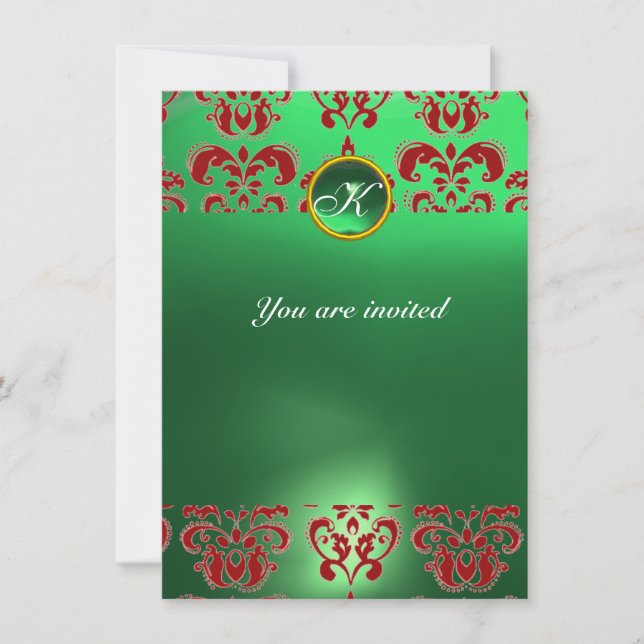 EMERALD DAMASK GEM STONE MONOGRAM green red Invitation (Front)