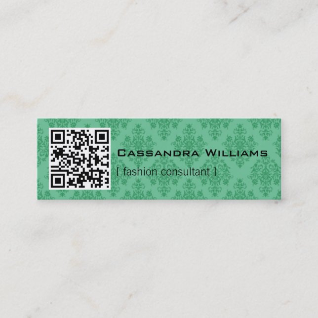 Emerald Damask QR CODE Mini Business Cards (Front)