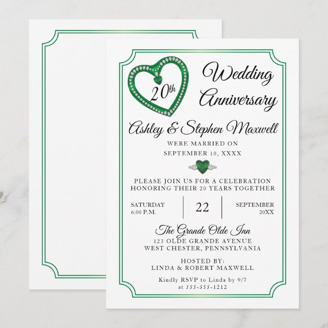 Emerald Diamonds 20th Wedding Anniversary Party Invitation (Front/Back)