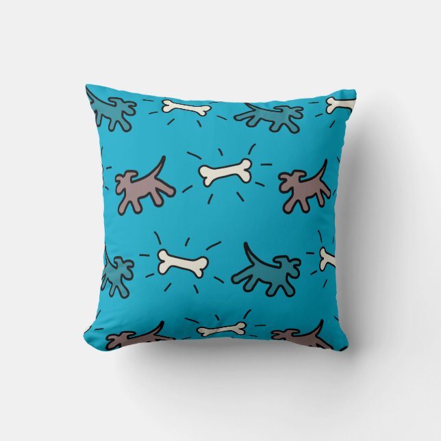 Emerald Dogs and Bones Graffiti Style Blue Pillow (Front)