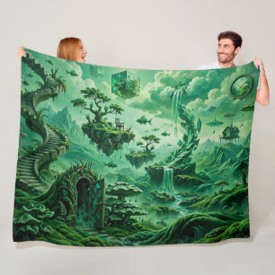 Emerald Dreams Surreal Landscape Shades of Green Fleece Blanket