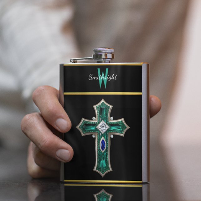 Emerald Dreamscape: A Diamond-Crusted Cross Hip Flask (Creator Uploaded)