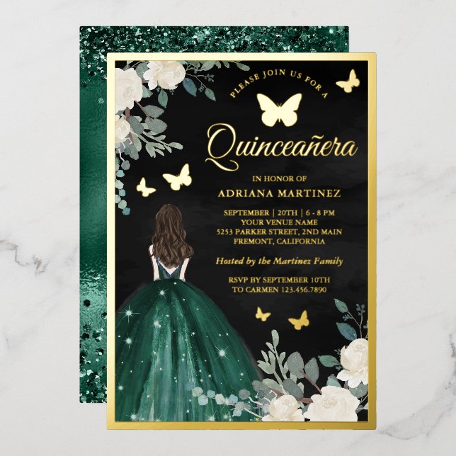 Emerald Dress Butterfly Black Quinceanera Gold (Front/Back)