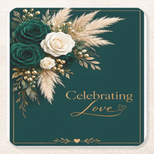 Emerald Elegance: "Celebrating Love" Wedding Square Paper Coaster