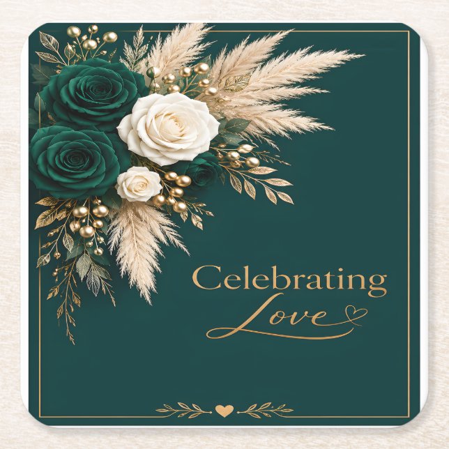 Emerald Elegance: "Celebrating Love" Wedding  Square Paper Coaster (Front)