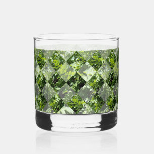 Emerald Elegance: Green Leaves in Diamond Cut, Whiskey Glass