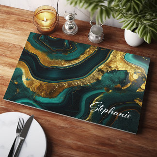 Emerald Elegance:Personilized Green Marble & Gold  Cutting Board