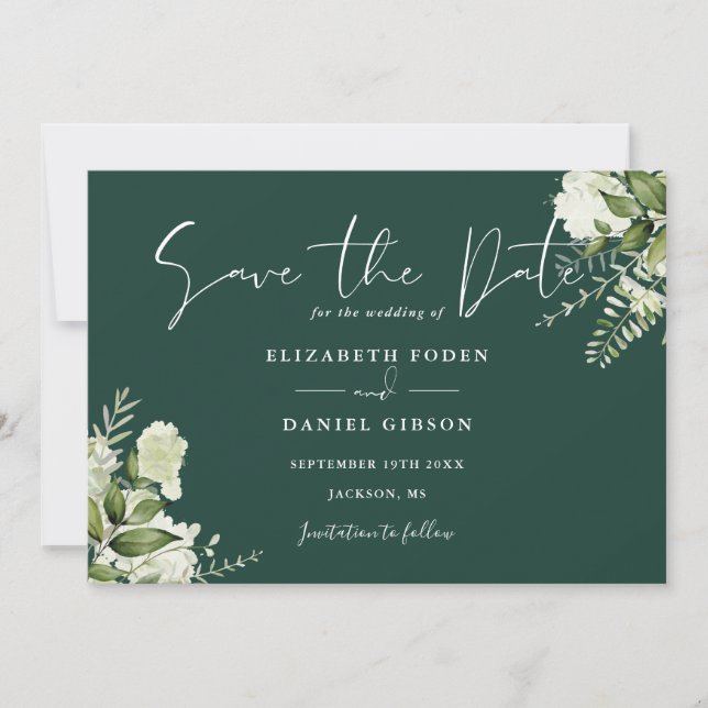 Emerald Elegant Greenery Floral Photo Wedding Save The Date (Front)
