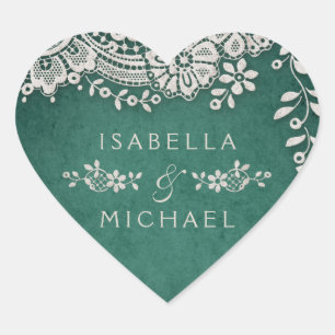Emerald elegant vintage lace rustic wedding favour heart sticker