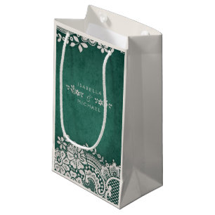 Emerald elegant vintage lace rustic wedding favour small gift bag