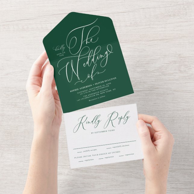 Emerald Elegant Whimsical Calligraphy Wedding All In One Invitation (Tearaway)
