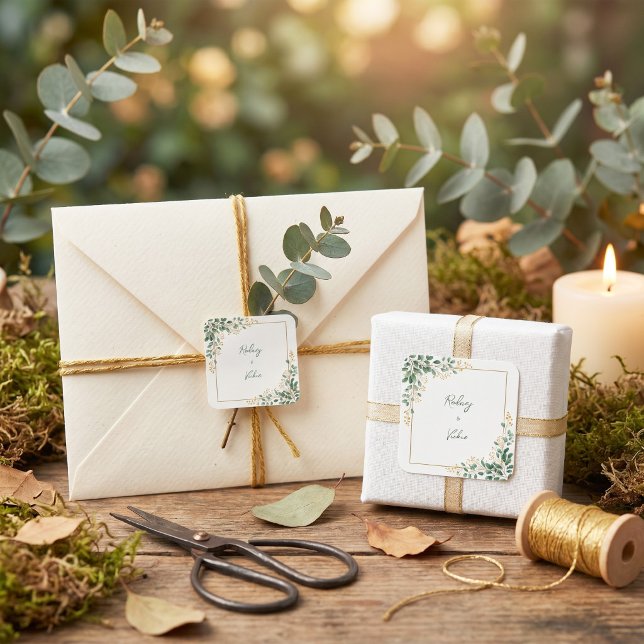 Emerald Eucalyptus Gold Berry Frame Wedding Square Sticker (Creator Uploaded)