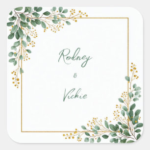 Emerald Eucalyptus Gold Berry Frame Wedding Square Sticker