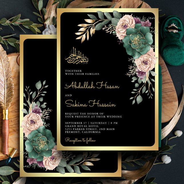 Emerald Floral Branch Black QR Code Muslim Wedding Invitation (Creator Uploaded)