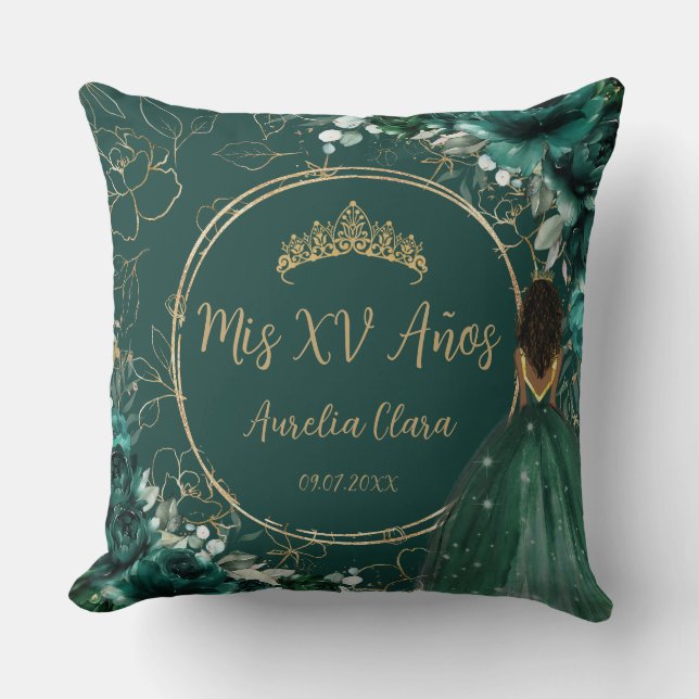 Emerald Floral Brown Princess Quinceañera Keepsake Cushion (Front)