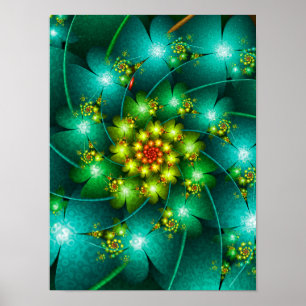 Emerald Floral Fractal Bioluminescent Spiral Art Poster