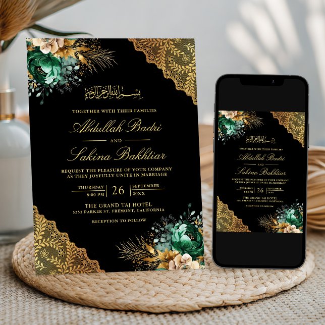 Emerald Floral Gold Lace Black Muslim Wedding Invitation (Creator Uploaded)