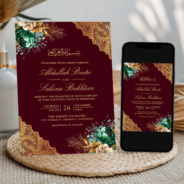 Emerald Floral Gold Lace Burgundy Muslim Wedding Invitation (Creator Uploaded)