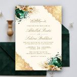 Emerald Floral Gold Lace Cream Muslim Wedding Invitation<br><div class="desc">Amaze your guests with this elegant islamic wedding invite featuring beautiful emerald green flowers and intricate lace with modern typography. Simply add your event details on this easy-to-use template to make it a one-of-a-kind invitation.</div>
