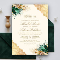 Emerald Floral Gold Lace Cream Muslim Wedding