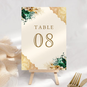 Emerald Floral Gold Lace Cream Wedding Table Number