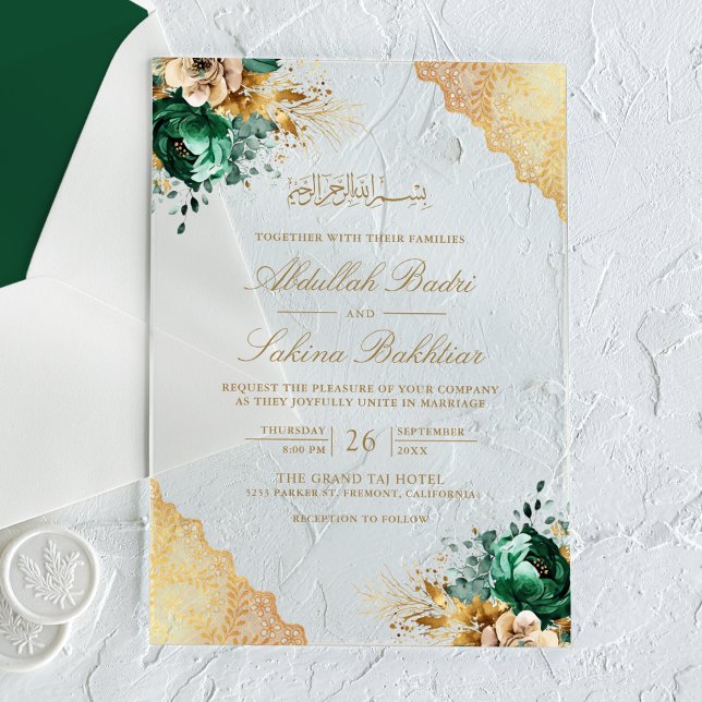 Emerald Floral Gold Lace Muslim Wedding Acrylic Invitations (Creator Uploaded)