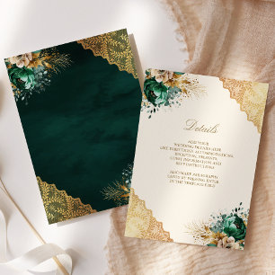 Emerald Floral Gold Lace Muslim Wedding Details Enclosure Card