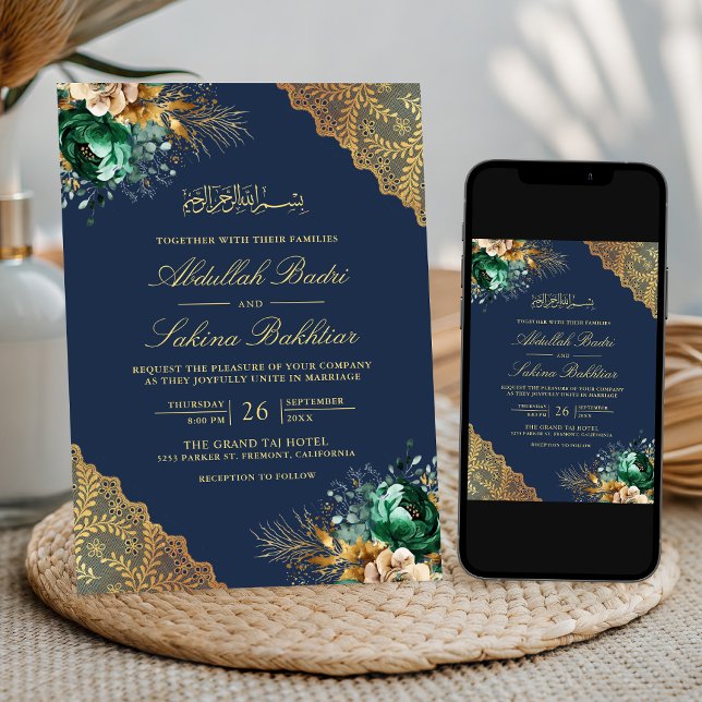 Emerald Floral Gold Lace Navy Blue Muslim Wedding Invitation (Creator Uploaded)