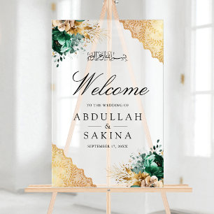 Emerald Floral Gold Muslim Wedding Welcome Frosted Acrylic Sign