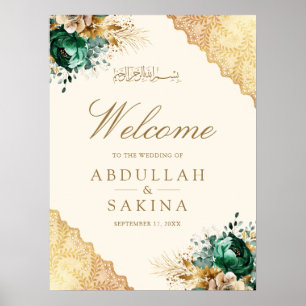 Emerald Floral Gold Muslim Wedding Welcome Poster