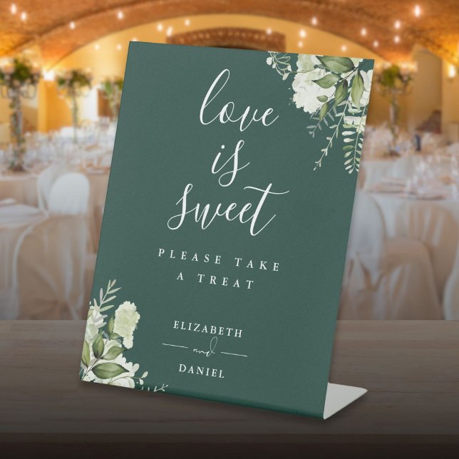 Emerald Floral Greenery Love Is Sweet Favor Pedestal Sign (Emerald Floral Greenery Love Is Sweet Favor Pedestal Sign)