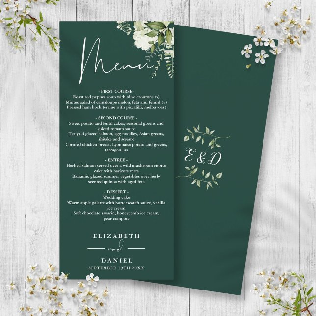 Emerald Floral Greenery Monogram Wedding Dinner Menu (Emerald Floral Greenery Monogram Wedding Dinner Menu)