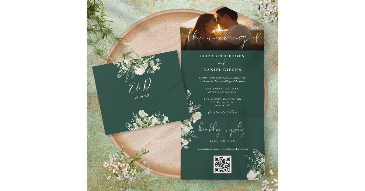 Emerald Floral Greenery QR Code Wedding Photo All In One Invitation ...